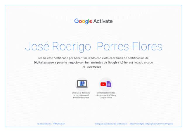 Certificado de Google del programa Digitaliza tu Negocio