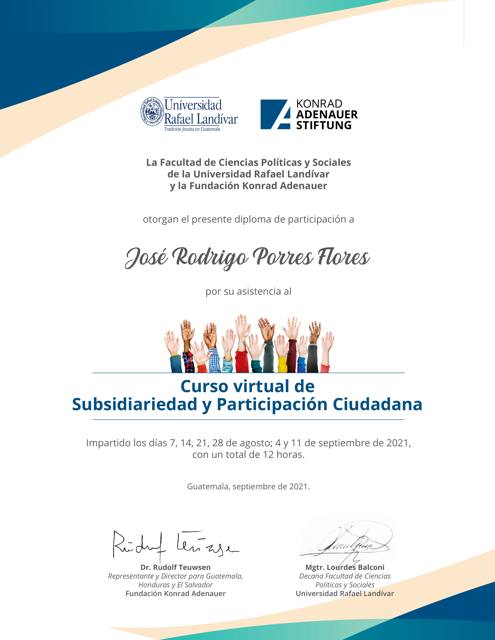 Diploma de la Universidad Rafael Landívar y la Fundación Konrad Adenauer — Curso de Subsidiariedad y Participación Ciudadana