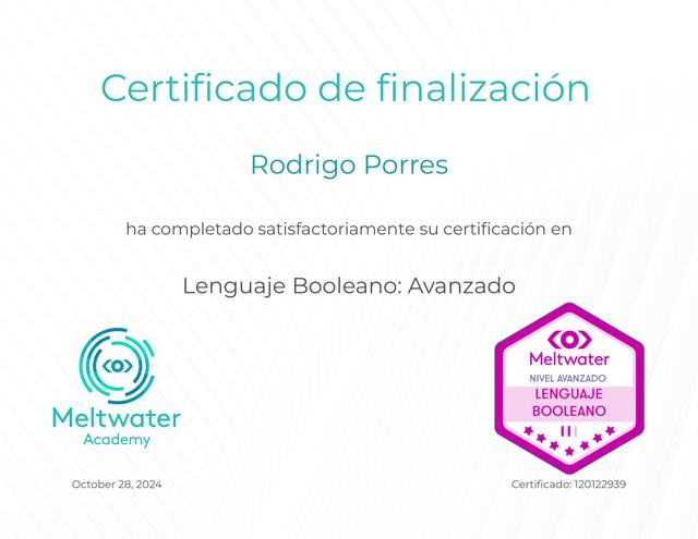 Certificado de Meltwater Academy en Lenguaje Booleano nivel Avanzado