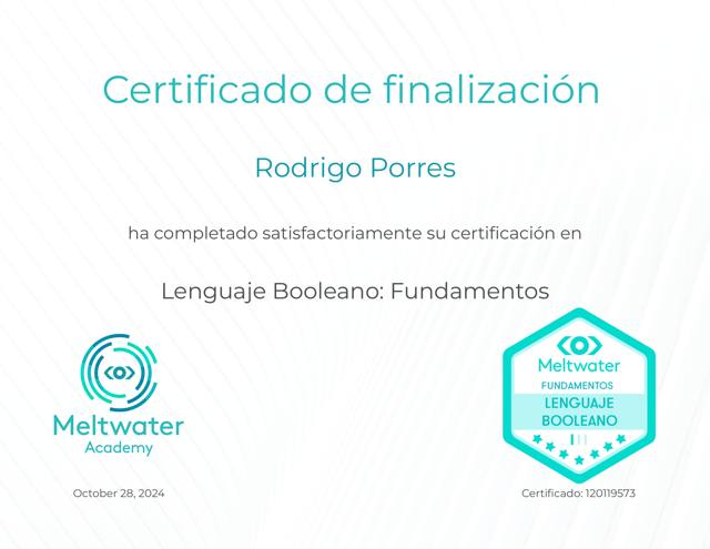 Certificado de Meltwater Academy en Lenguaje Booleano nivel Fundamentos